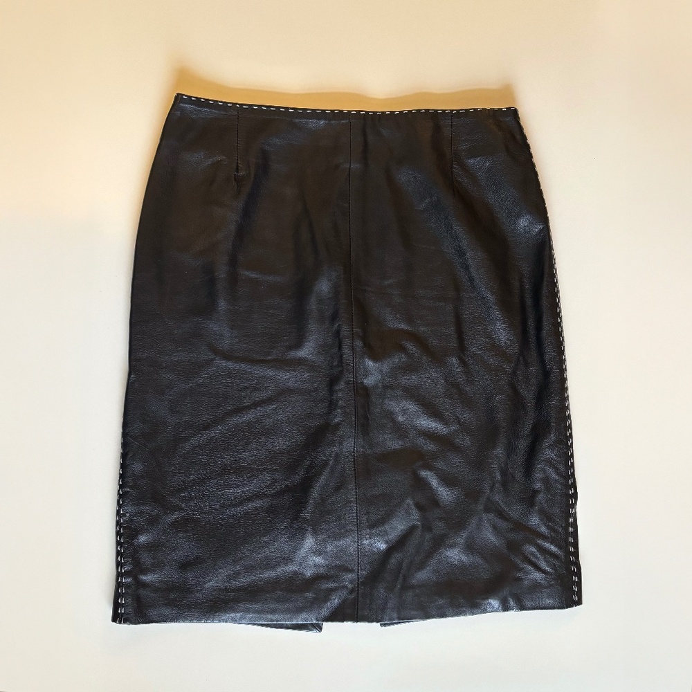 Vintage Neiman Marcus Black Lambskin Leather Pencil Skirt White Stitching